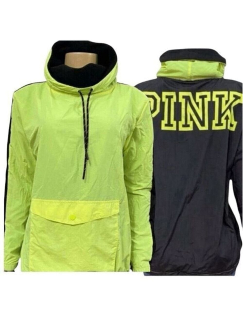 Victoria's Secret PINK Anorak Windbreaker Jacket Colorblock Neon Green Black Lg